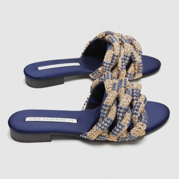 Zara Shoes - NWT ZARA Gem Encrusted Navy Satin Slides 6
